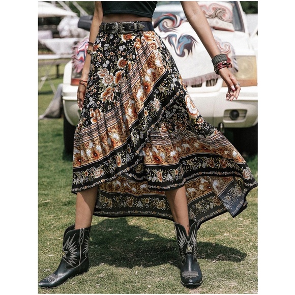 047 Bohemian Floral Paisley Print Ruffle Maxi Skirt - Picture 5 of 9